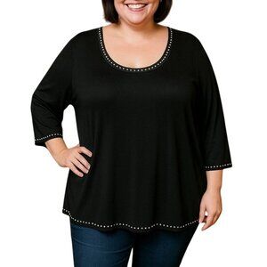 Premise Studio Studded Neckline Hem & 3/4 Sleeve Black Top Size 0X